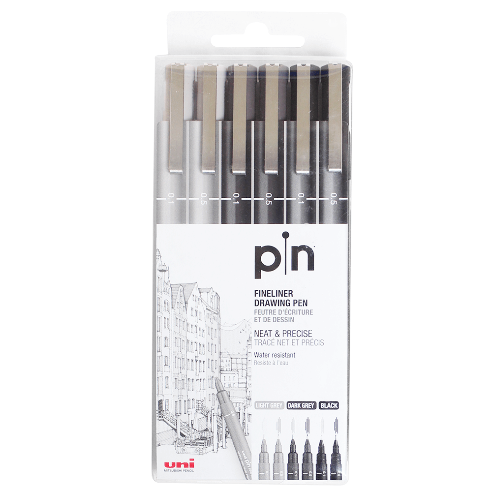 Estojo Caneta Nanquim Uni PIN 200 Uni-Ball 06 Pontas Cinza e Preto